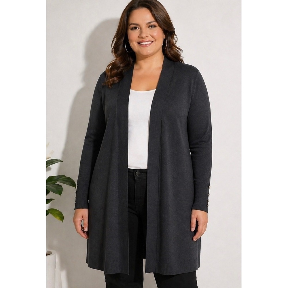 Avenue 14/16 Black Open Front Longline Cardigan Button Cuff Sweater Casual Work